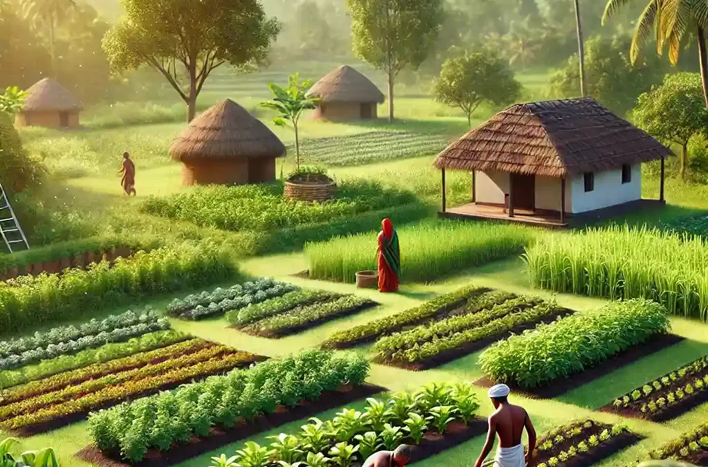 Indian farmers working in lush green fields with traditional huts in the background, showcasing sustainable farming practices in an organic rural setting