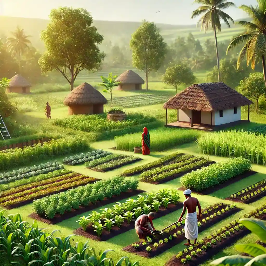 Indian farmers working in lush green fields with traditional huts in the background, showcasing sustainable farming practices in an organic rural setting