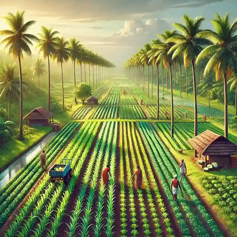 Indian rural farm scene with coconut trees and farmers practicing sustainable farming. Lush green fields, traditional huts, and organic agricultural methods under a bright sunny sky, emphasizing eco-friendly and sustainable farming practices