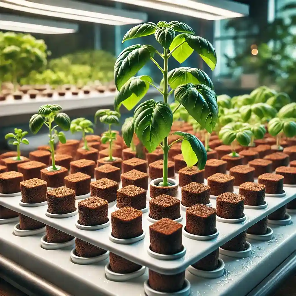 Hydroponic system featuring plants growing in coco cubes, highlighting eco-friendly and sustainable agriculture practices. The coco cubes provide water retention and root health benefits, promoting efficient water usage in a modern indoor farming setup