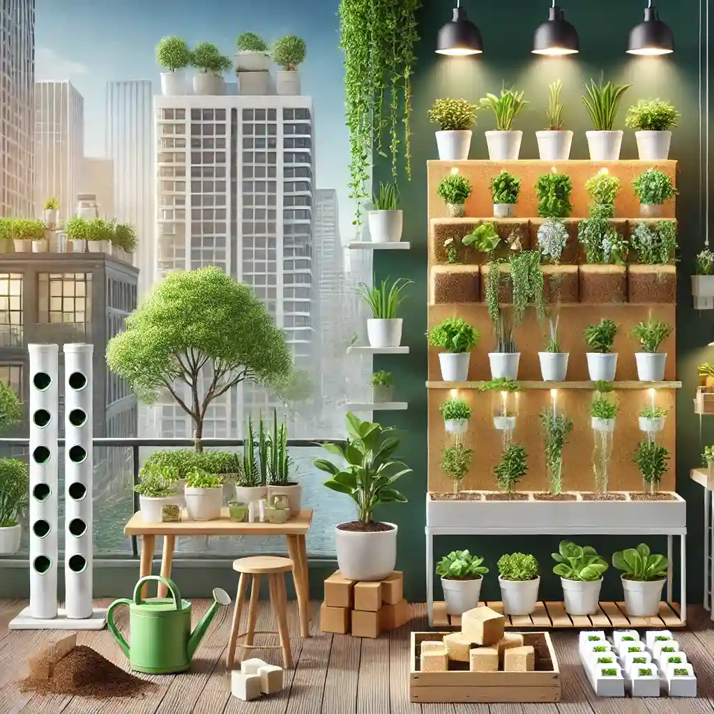 Eco-friendly urban gardening with coco peat and coco cubes, showing container gardening