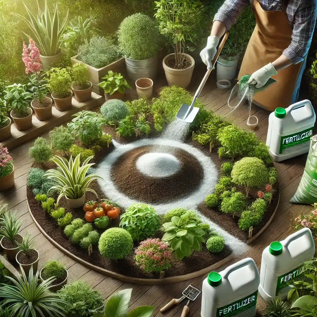 Controlled chemical fertilizer use in a productive garden scene