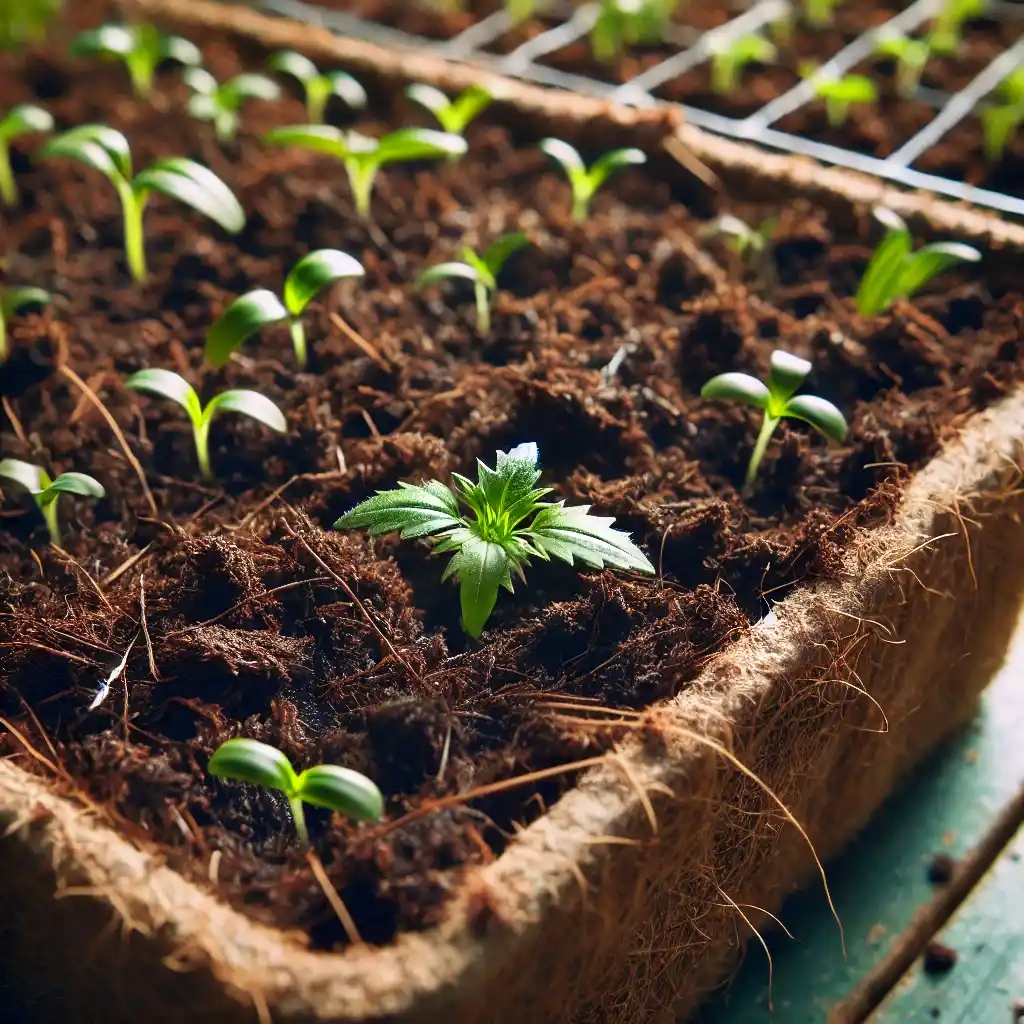 Close-up of coco pith in a gardening tray used as a seed starting medium, with seedlings sprouting, showcasing moisture retention and fine texture ideal for germination