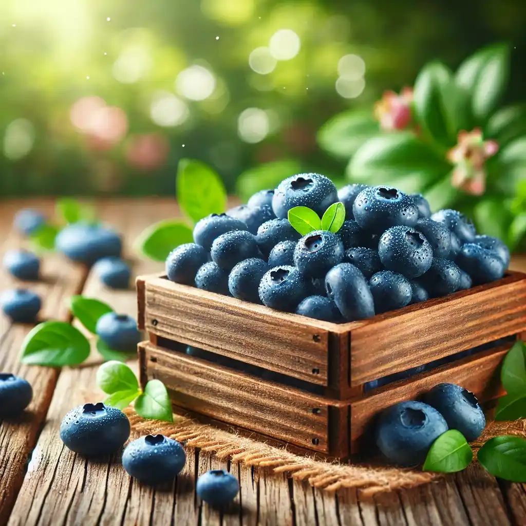 blueberries in natural setting placed in wooden crate 