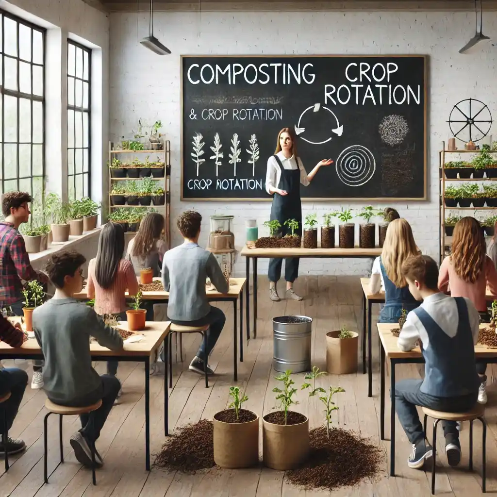 Students learning organic farming in a classroom as the teacher explains crop rotation and composting, promoting eco-friendly agricultural education.