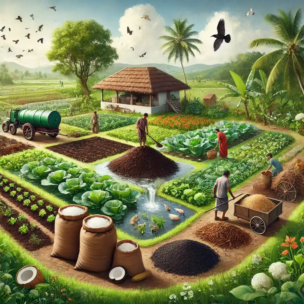 An organic farm in India showcasing lush green crops, composting areas, and the use of natural fertilizers like cocopeat, coconut husk, and coco coir. The scene highlights eco-friendly practices such as crop rotation, supporting soil fertility, biodiversity, and environmental health