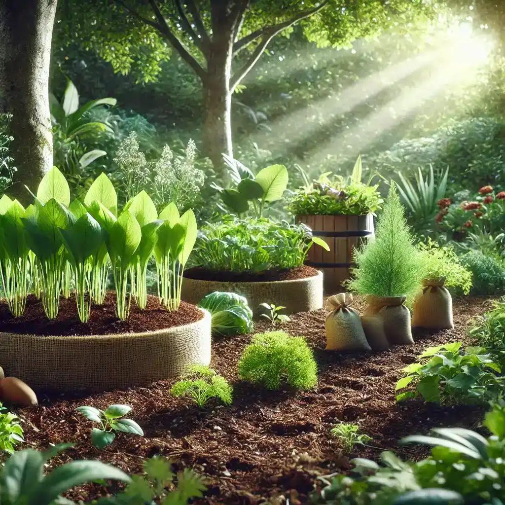 garden scene with sustainable soil practices in tamil nadu, healthy plants, rich soil, and organic mulch