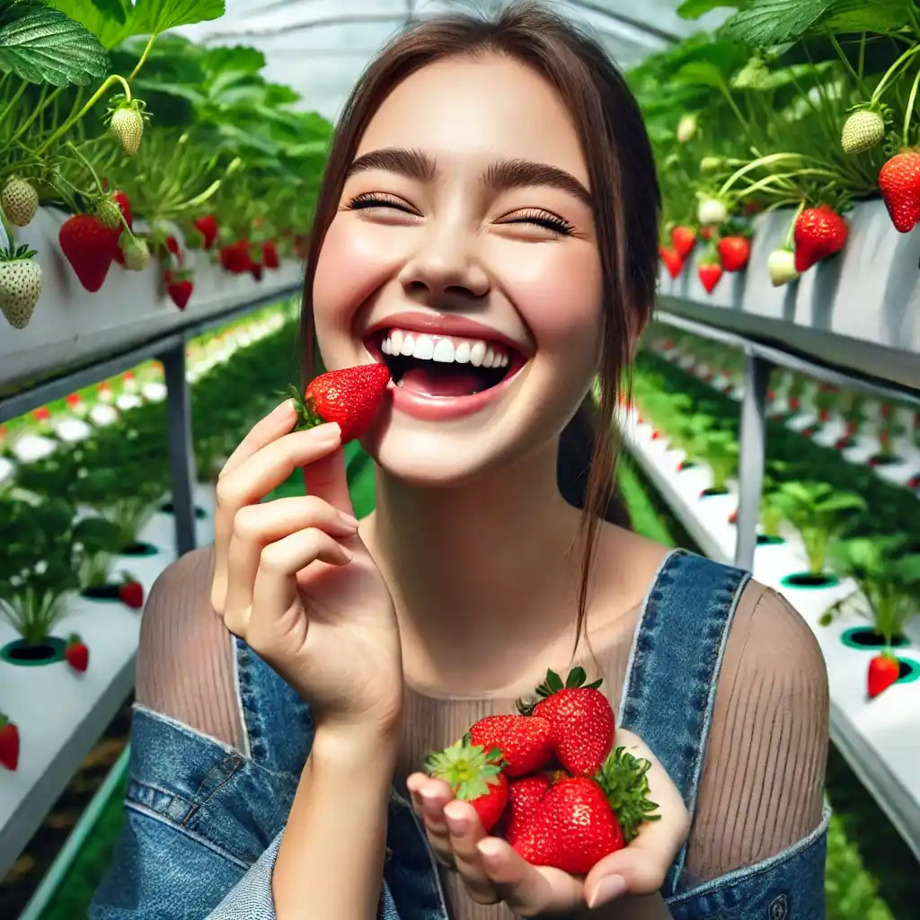 A joyful girl enjoying a fresh and delicious strawberry in a hydroponic farm, surrounded by lush green strawberry plants growing in a modern and sustainable setup