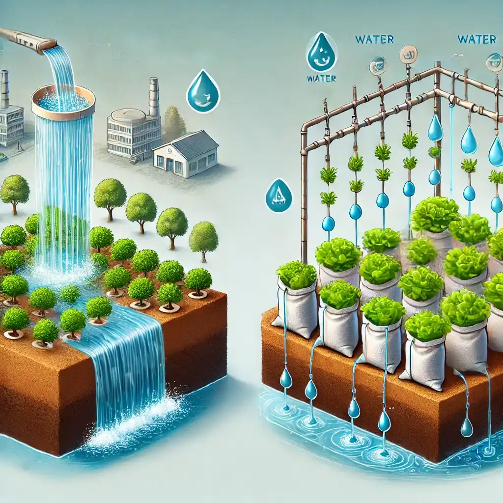 image demonstrating water conservation in hydroponic farming. The scene shows two setups side by side_ on the left, traditional