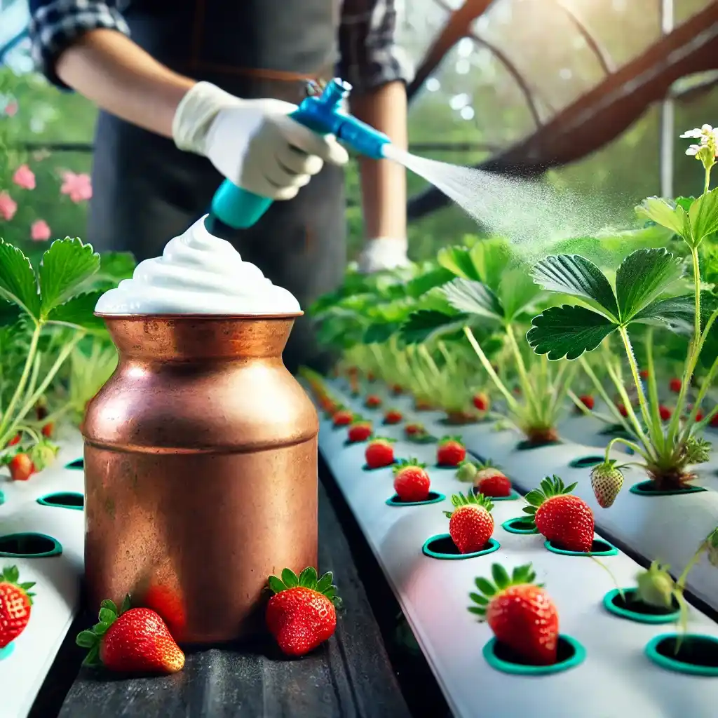 hydroponic farming scene showing organic pest control methods. The image features a copper vessel containing a curd mixture