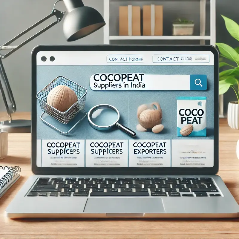 A laptop screen showing a search engine with results for ‘cocopeat suppliers in India.’ 