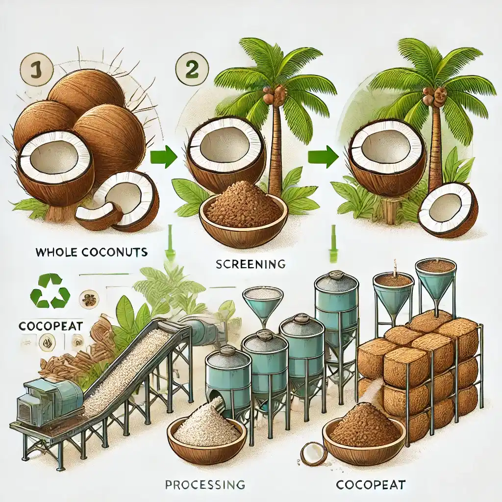 process of transforming coconut into coco peat block by eco-friendly cocopeat supplier and manufacturer