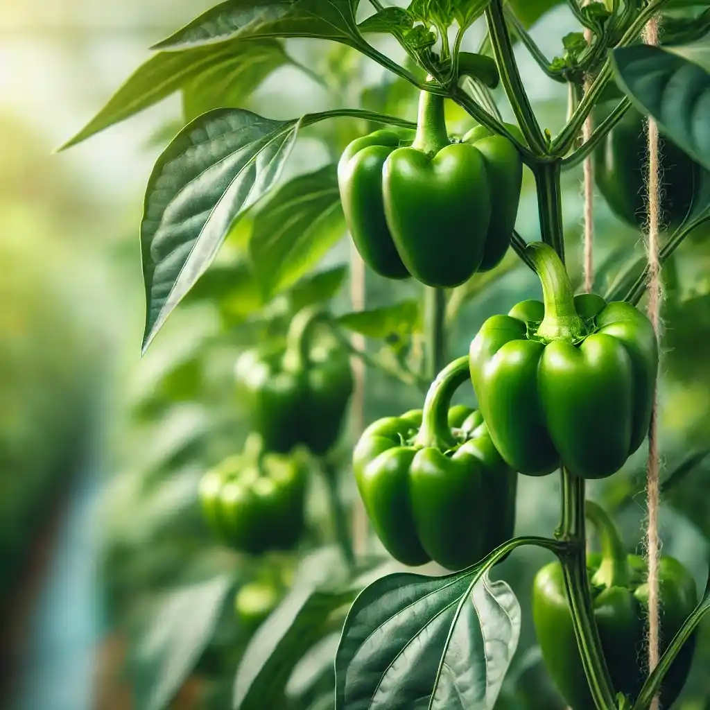 capsicum plant growing using coco cubes with green bell peppers growing on the vine. The plant is lush with healthy green leaves, and the bell peppers