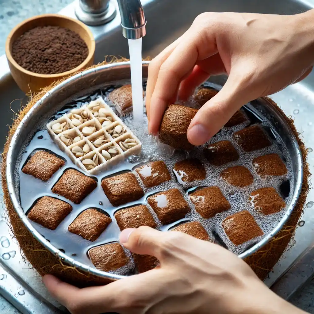 soaking coco cubes in a container filled with water. The cubes are expanding and ready for planting, with seeds