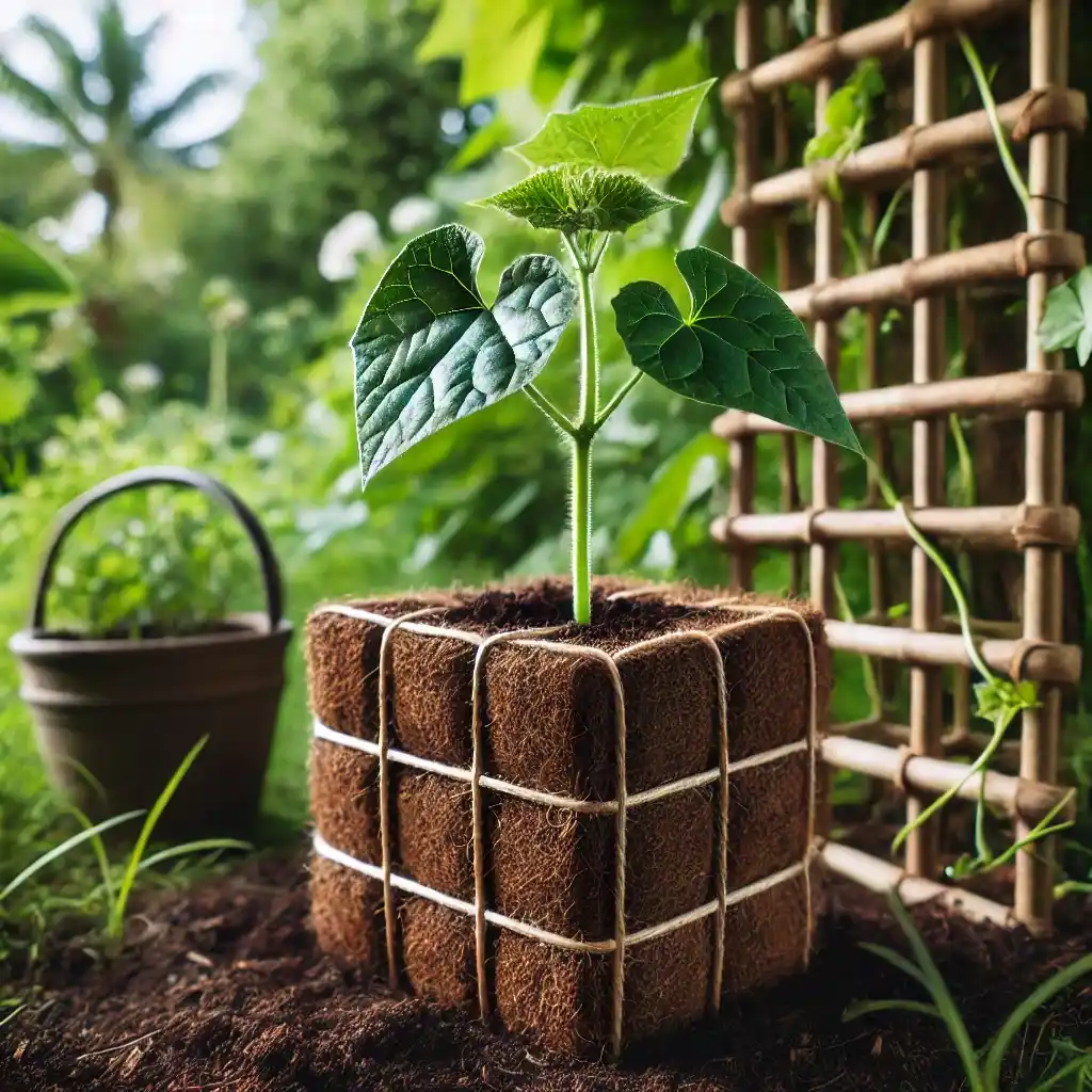 small plant in a coco cube is placed next to a trellis in a garden. 