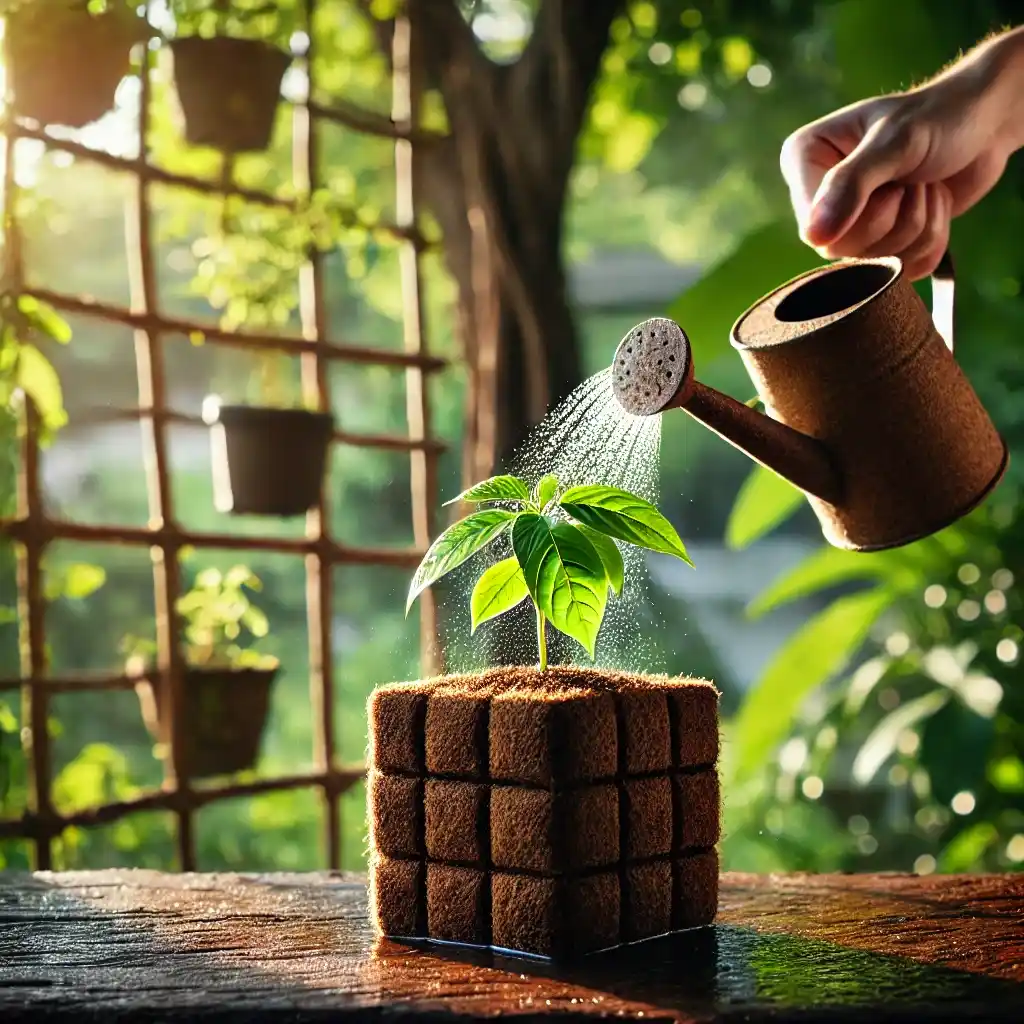 small plant in a coco cube is placed next to a trellis in a garden. person is watering plant.