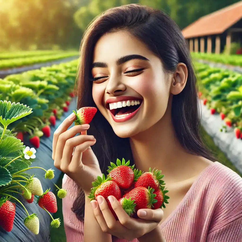 joyful girl in a strawberry farm, holding and eating fresh strawberries