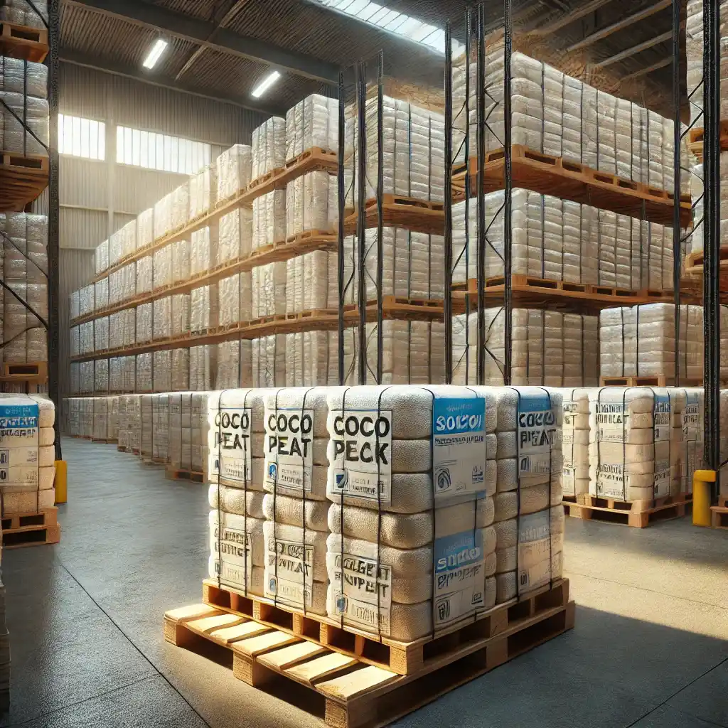 storage area with neatly stacked cocopeat blocks in a clean industrial warehouse setting of coir factory