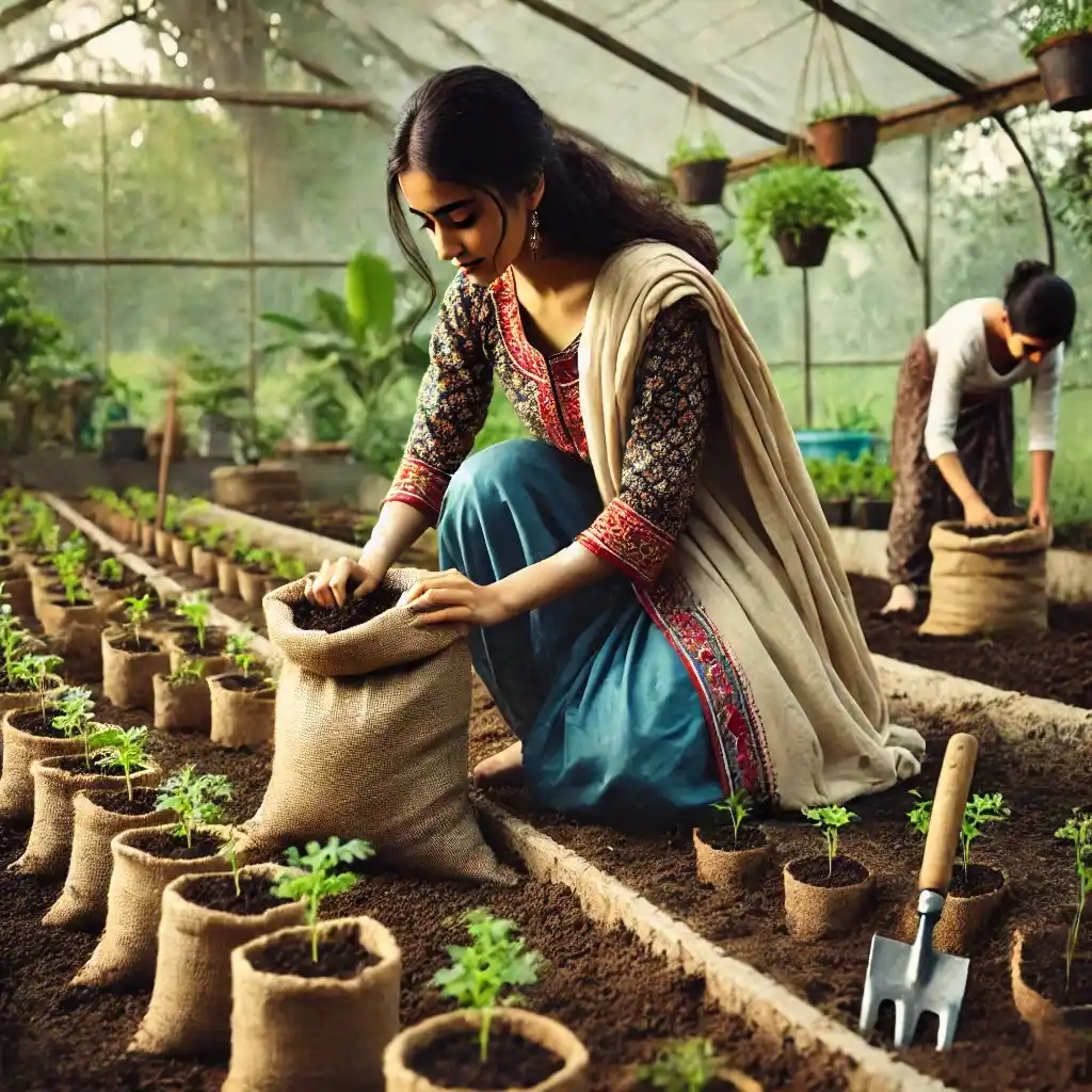 girl preparing grow bags for planting in a garden. She is carefully filling the grow bags with coir pith 