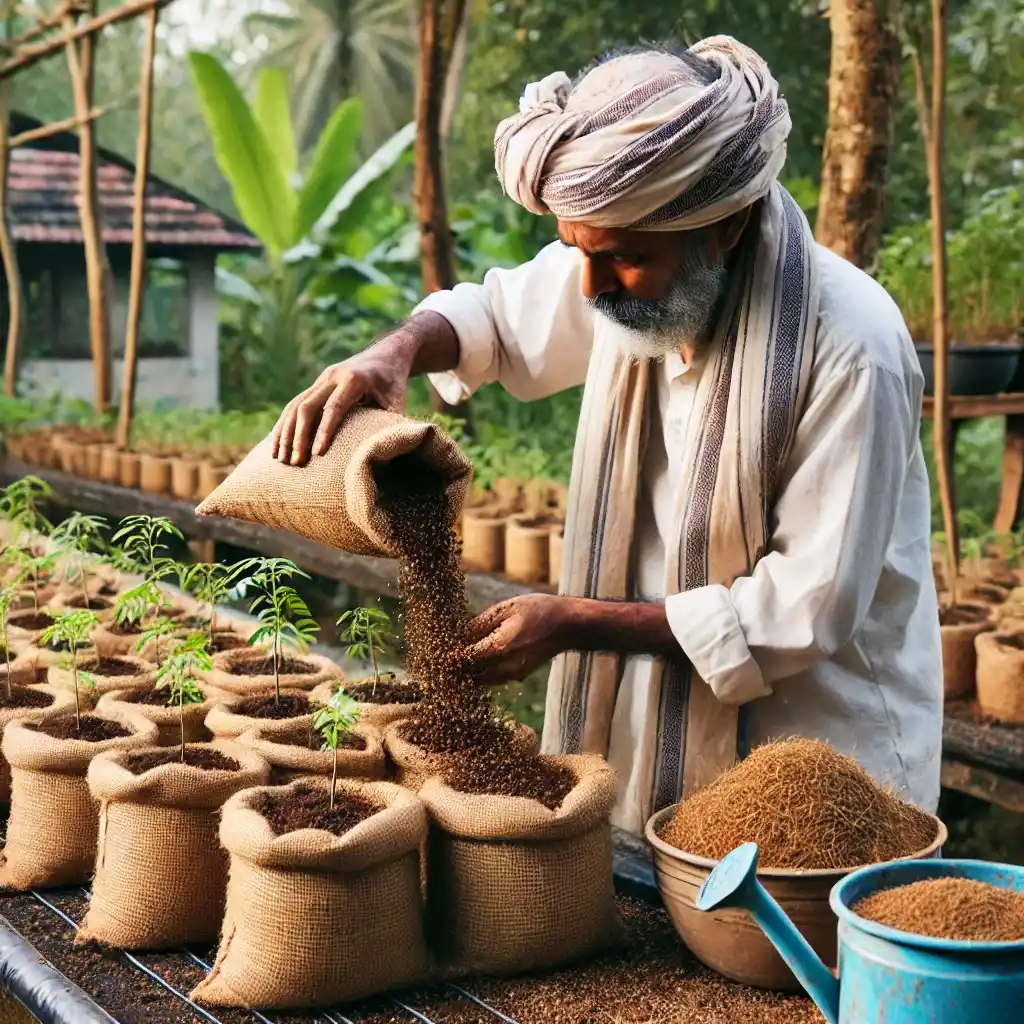 man using coir pith gardening grow bags for plants