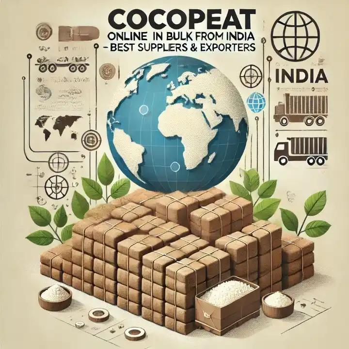 An image depicting the global sale and purchase of bulk cocopeat online.