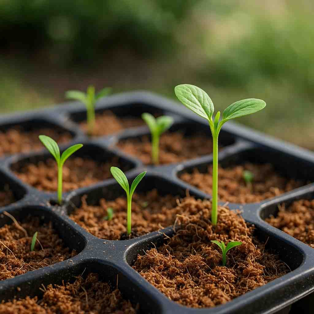 Young vegetable seedlings sprouting in a tray filled with cocopeat, eco-friendly germination medium