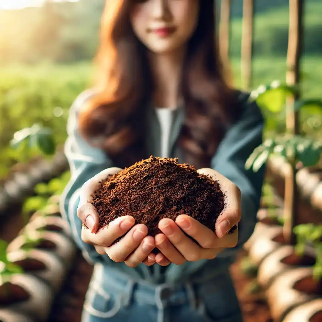 handful of low EC cocopeat in a sustainable farm. The cocopeat appears rich, finely processed
