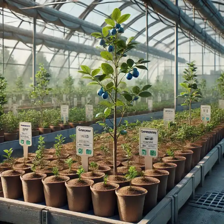 young blueberry with cocopeat soil pots ready for farming