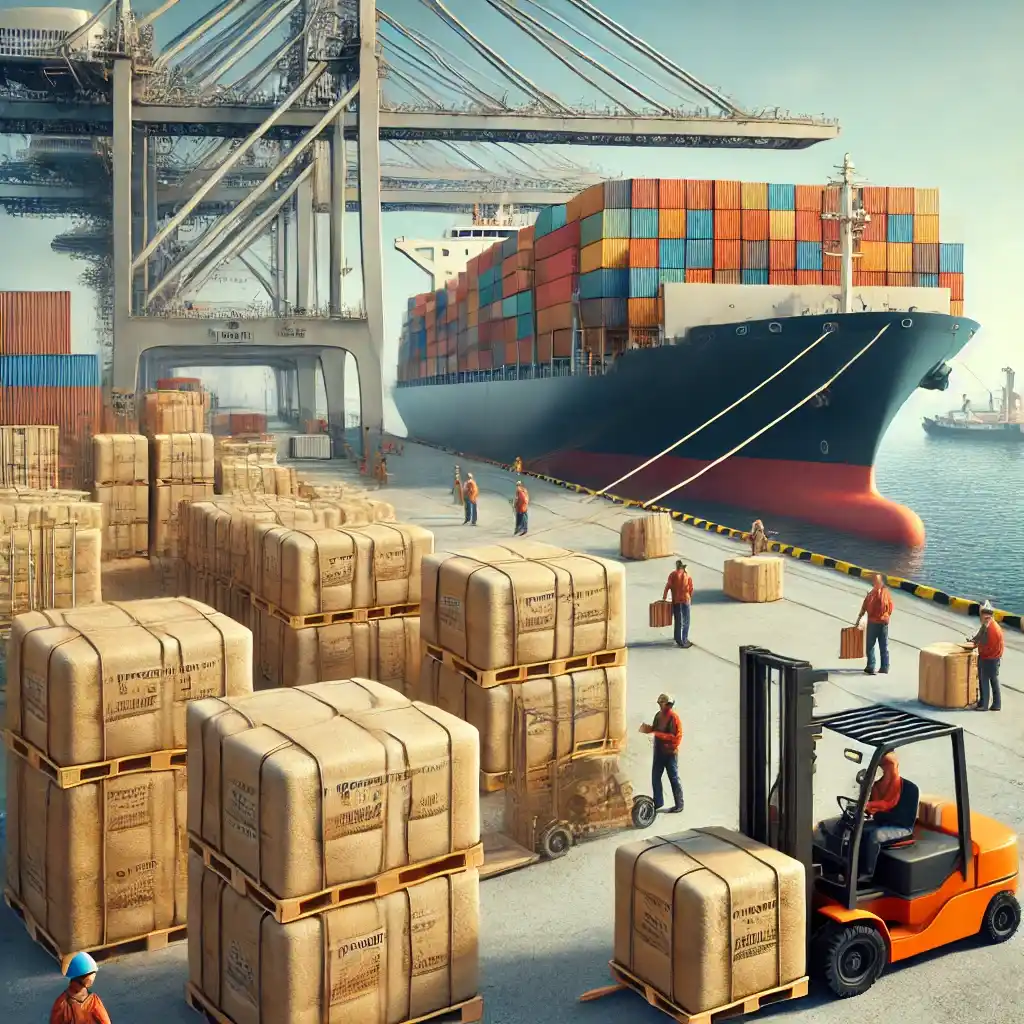 workers at an indian port loading compressed cocopeat (coir pith) blocks into a large shipping container on a cargo ship to export coir pith from india