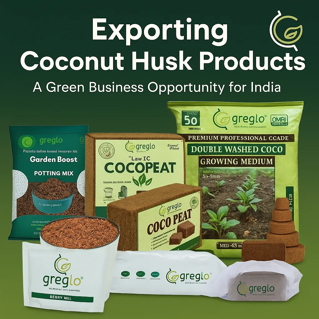 Greglo-branded coconut husk products including cocopeat blocks, potting mix, coco cubes, grow bags, and coir mulch displayed as sustainable export materials from India