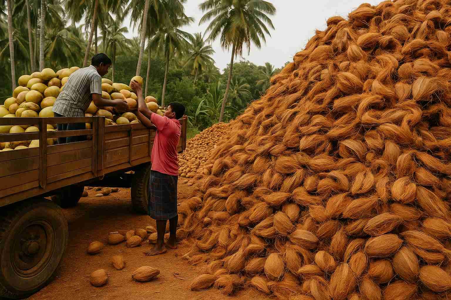 workers harvesting coconuts in a tropical plantation, representing the critical first step in the cocopeat brick supply chain. The image highlights how coconut husk availability directly impacts raw material supply for cocopeat manufacturers.