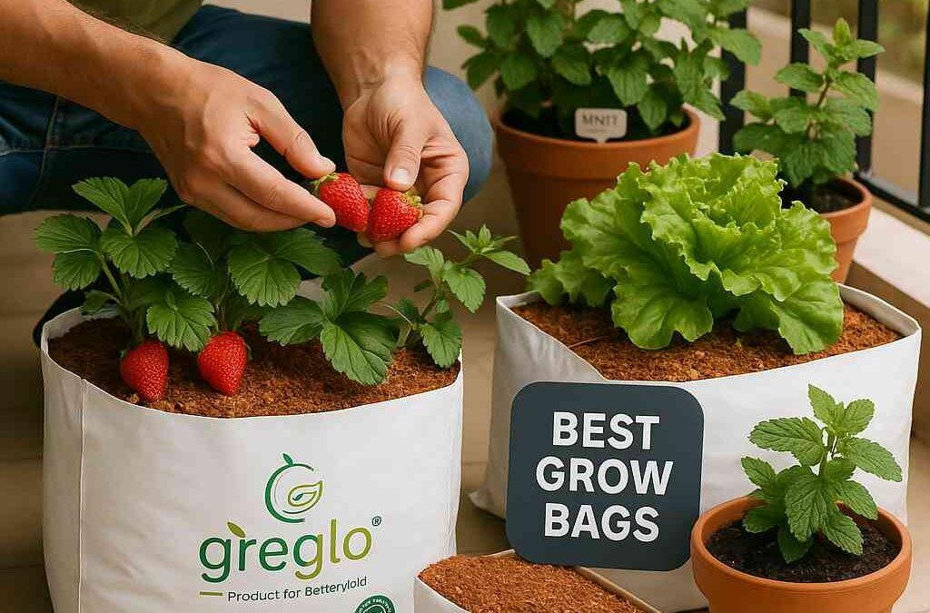 A gardener tending to plants growing in labeled cocopeat grow bags by Greglo, highlighting the best grow bags for plants