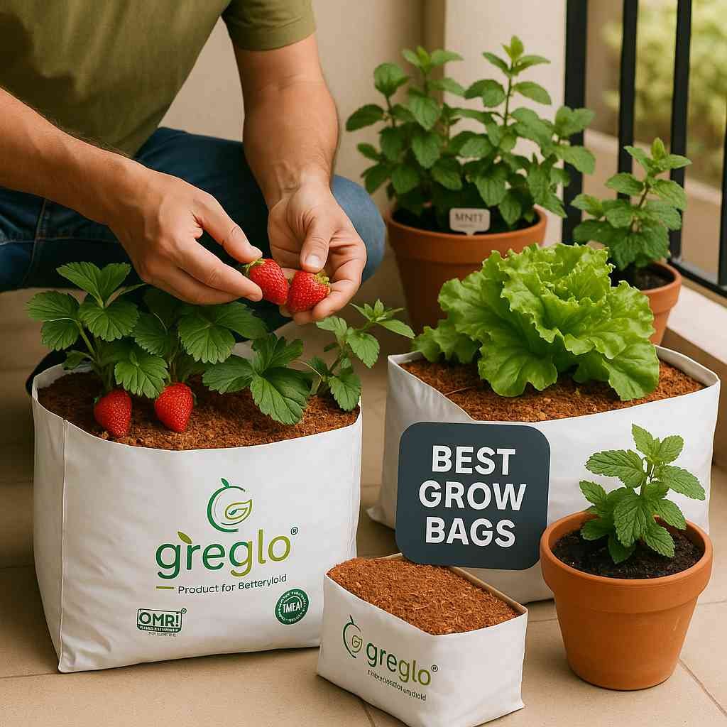 A gardener tending to plants growing in labeled cocopeat grow bags by Greglo, highlighting the best grow bags for plants