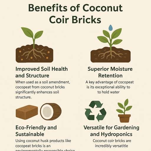 benefits of coconut coir bricks: improved soil health and structure, superior moisture retention, eco-friendliness and sustainability, and versatility for gardening and hydroponics.