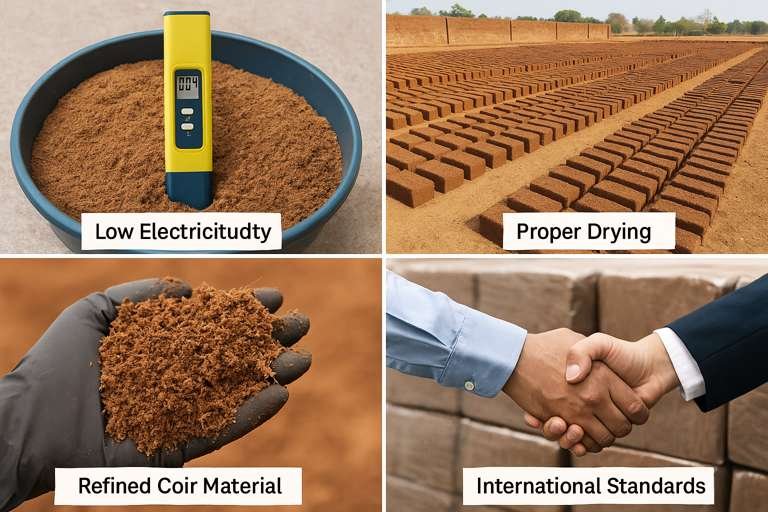  key quality control steps in cocopeat brick manufacturing: measuring electrical conductivity with a meter in cocopeat, rows of coir bricks sun-drying in a large open yard, gloved hands holding refined coir particles, and a handshake in front of neatly stacked and wrapped coconut bricks, symbolizing adherence to international standards