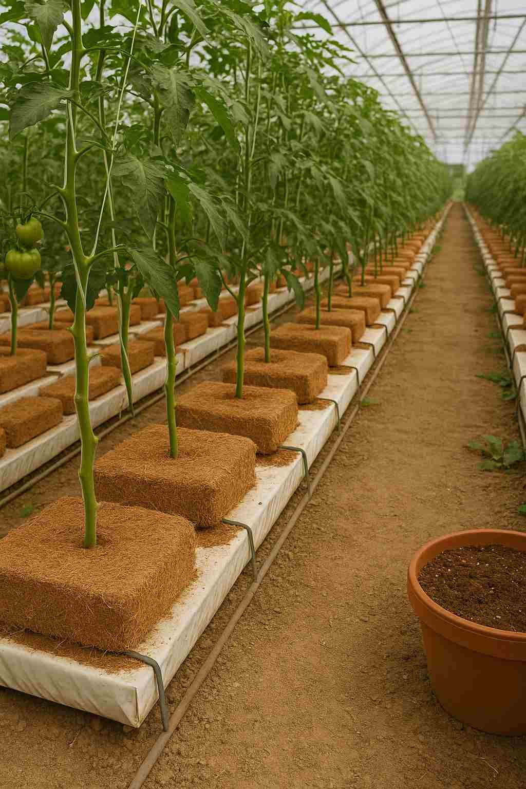 Rows of tomato plants growing in a commercial greenhouse using coconut coir grow bags as a sustainable hydroponic medium, supported by strings and arranged on raised trays