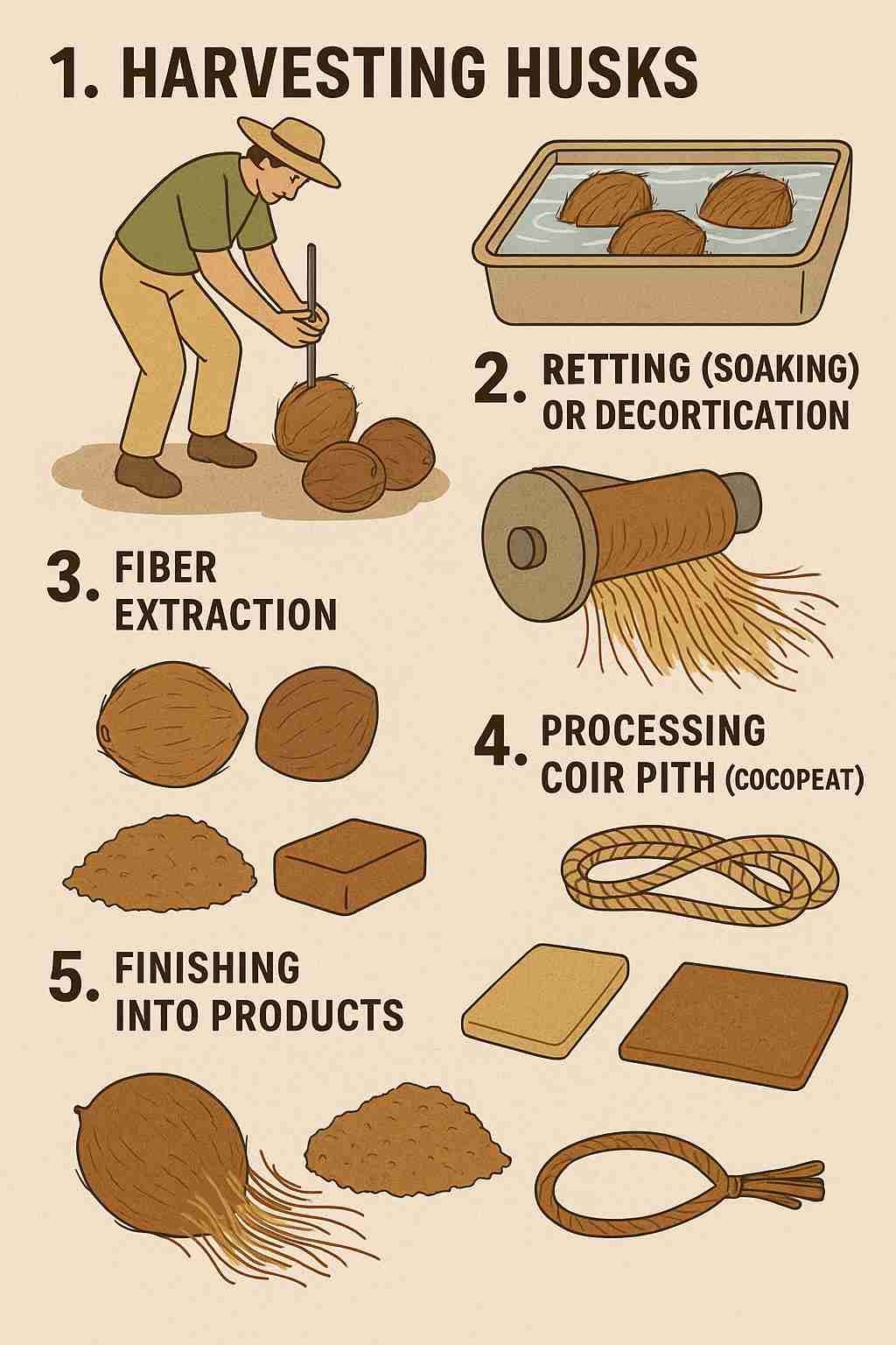 Step-by-step illustration of coconut coir processing, showing harvesting, soaking or decortication, fiber extraction, cocopeat processing, and final coir products like mats, ropes, and blocks.