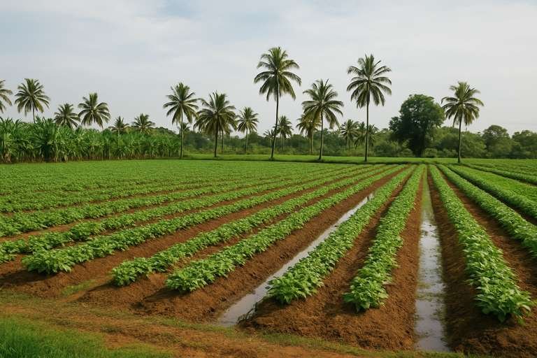 A lush agricultural field with neatly aligned green crop rows, bordered by banana plants and tall coconut trees under a clear, lightly clouded sky—capturing the essence of natural farming in a tropical landscape.