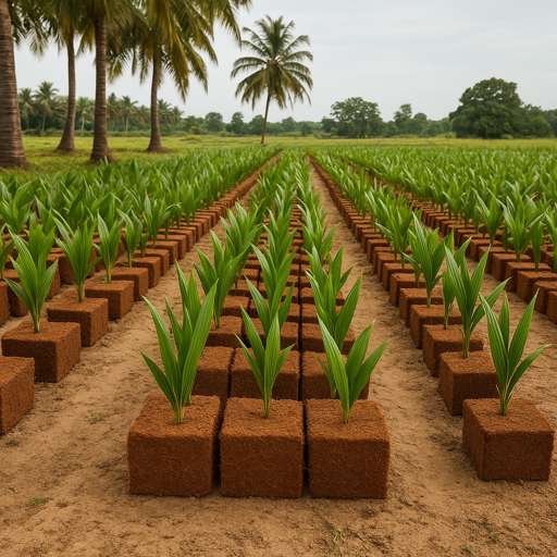 A scenic view of a coconut nursery in Tamil Nadu, featuring rows of young coconut plants growing in neat lines under natural daylight, surrounded by lush greenery and tropical trees.