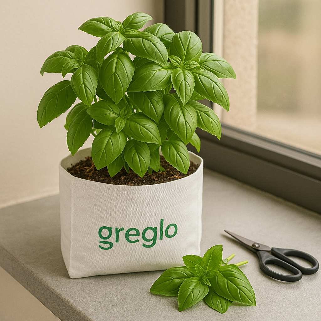  Healthy basil plant growing in a white Greglo® grow bag on a windowsill, with scissors and freshly harvested basil leaves placed beside it.</p>
<p>