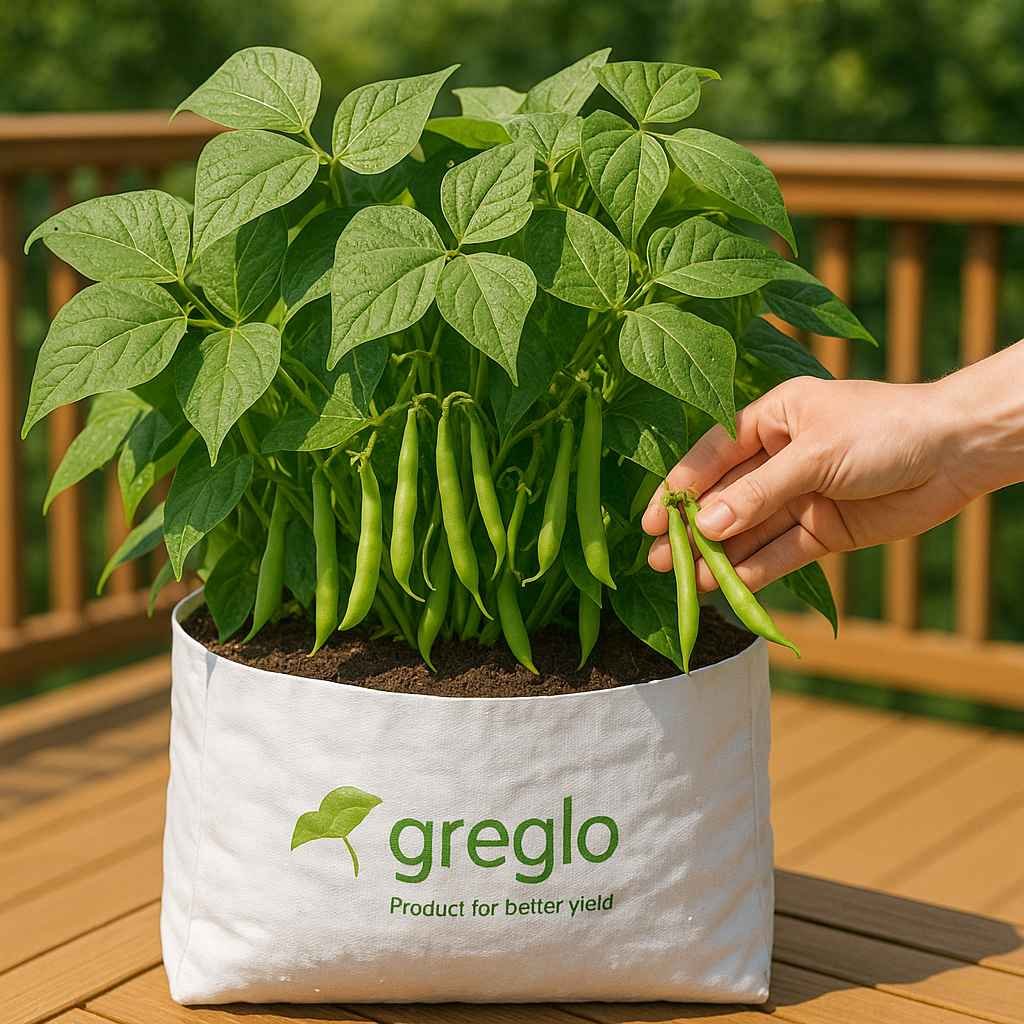  Bush bean plants growing in a white Greglo grow bag on a sunny deck, with green beans hanging and a hand picking a few.</p>
<p>