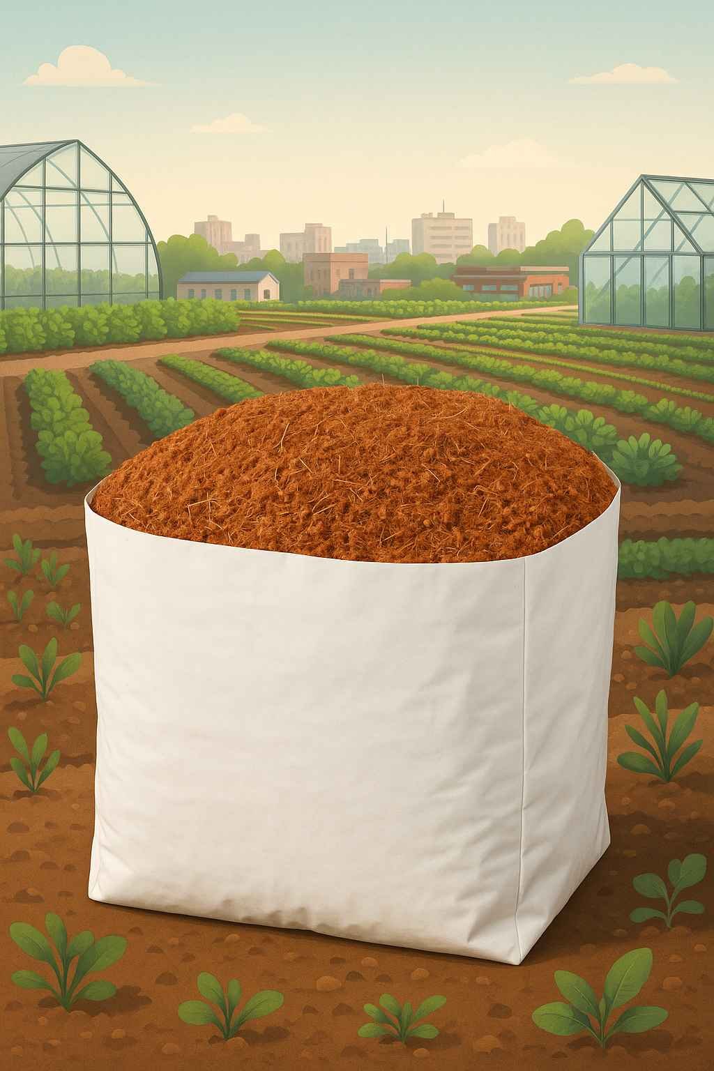 Year-round planting with cocopeat grow bags shown in a climate-resilient setup, featuring greenhouse and rooftop farming environments where vegetables and herbs grow across all seasons using hydroponic and commercial methods