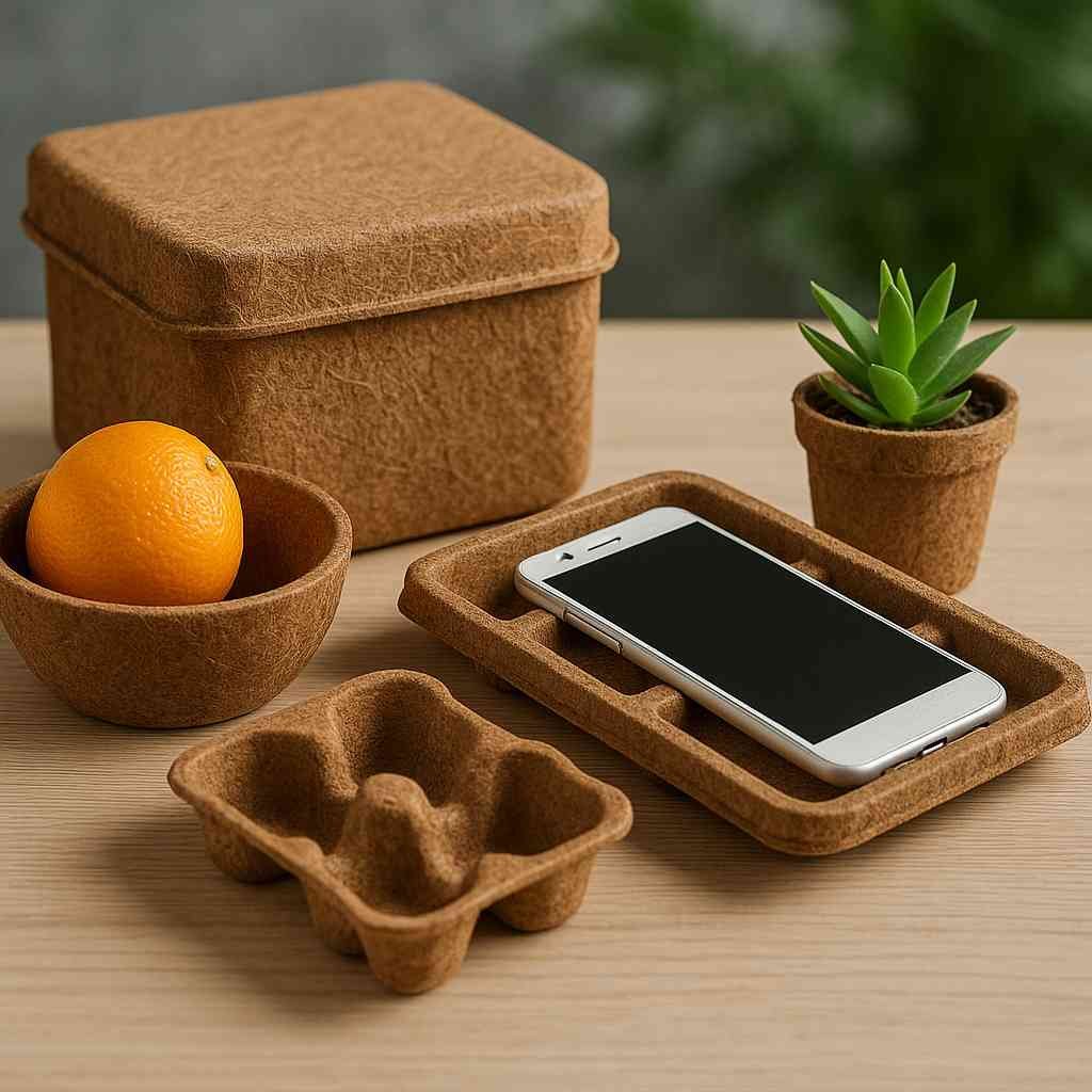 Eco-friendly packaging made from coconut coir products, including molded trays and containers used for sustainable shipping and retail.
