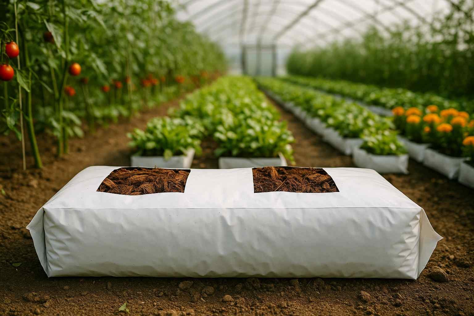 A white cocopeat grow bag filled with cocopeat in the foreground of a sunlit greenhouse, with rows of tomato and lettuce plants growing in similar bags
