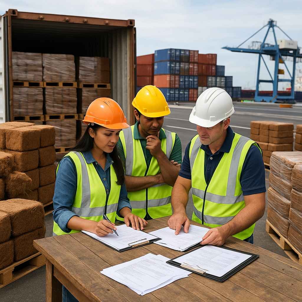 Three workers in high-visibility vests and hard hats reviewing shipping documents beside stacked coconut husk blocks at a busy port