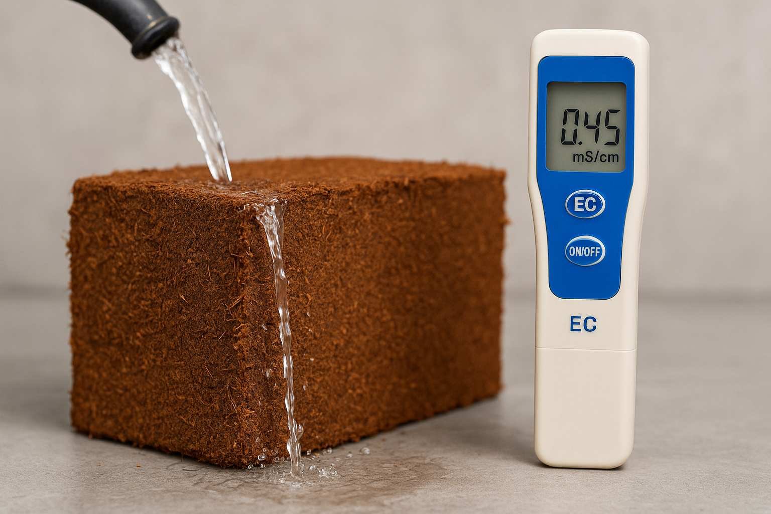 A washed block of coconut husk substrate under running water beside an EC meter reading 0.45 mS/cm