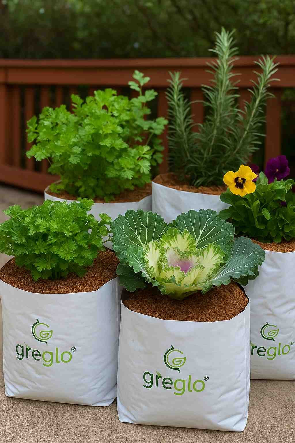 an outdoor garden setup with cocopeat grow bags filled with herbs like parsley, cilantro, and rosemary, alongside colorful fall flowers such as pansies and ornamental cabbages. The scene represents autumn planting in a temperate climate