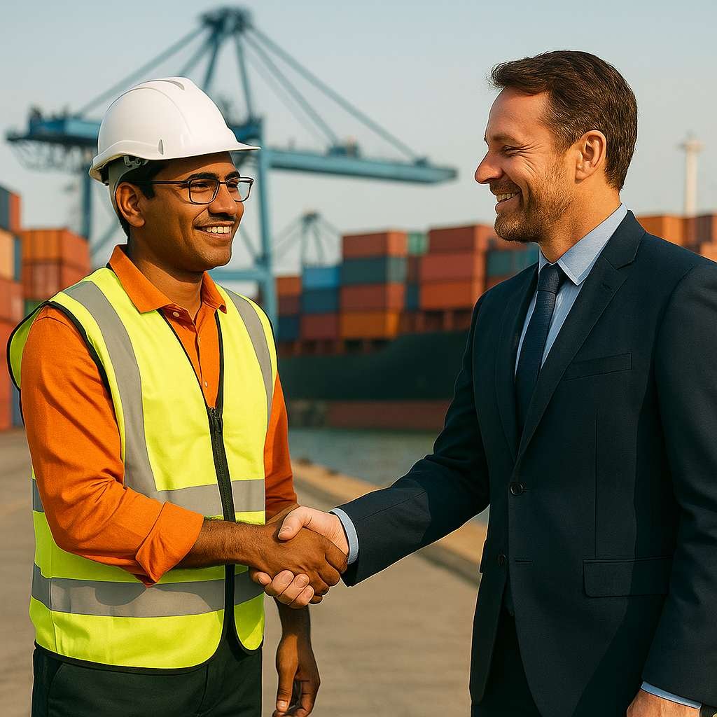 An exporter in a suit and an importer in a hard hat and safety vest shaking hands at a shipping port with stacked containers and cranes in the background.