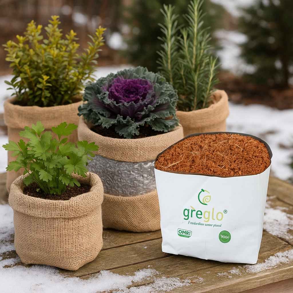 Outdoor setup of potted plants in insulated fabric grow bags during winter, showing burlap wrapping and mulching to protect roots from cold weather