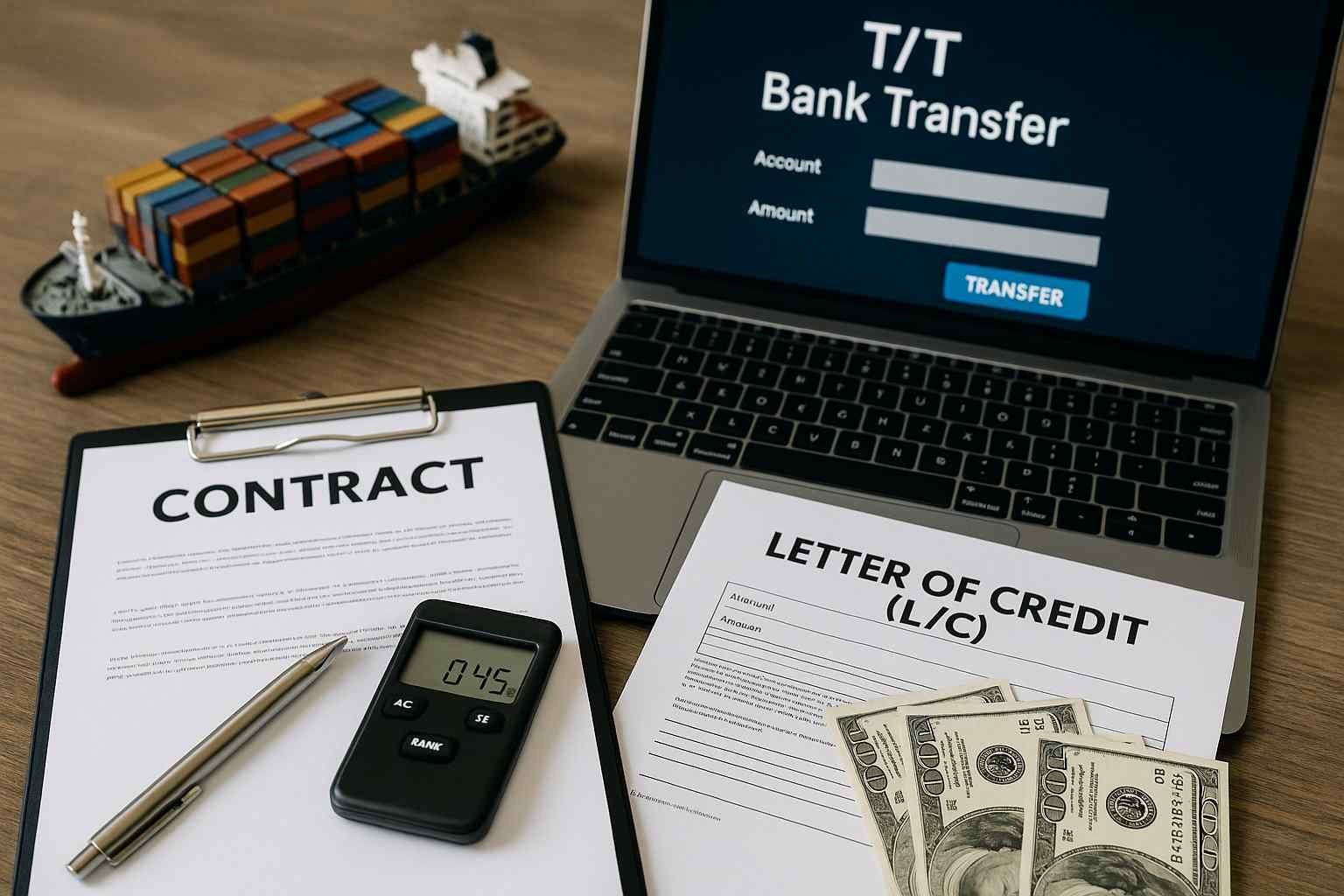 Contract, Letter of Credit form, and a laptop showing a T/T bank transfer screen beside a model cargo ship and dollar bills, illustrating secure payment terms for coconut husk exports